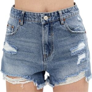 Zara Medium Wash Distressed Denim Shorts with Frayed Hem
